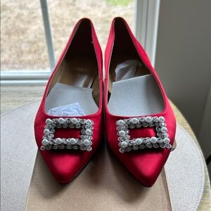 J. Crew Red Satin Heels with Crystal Buckle